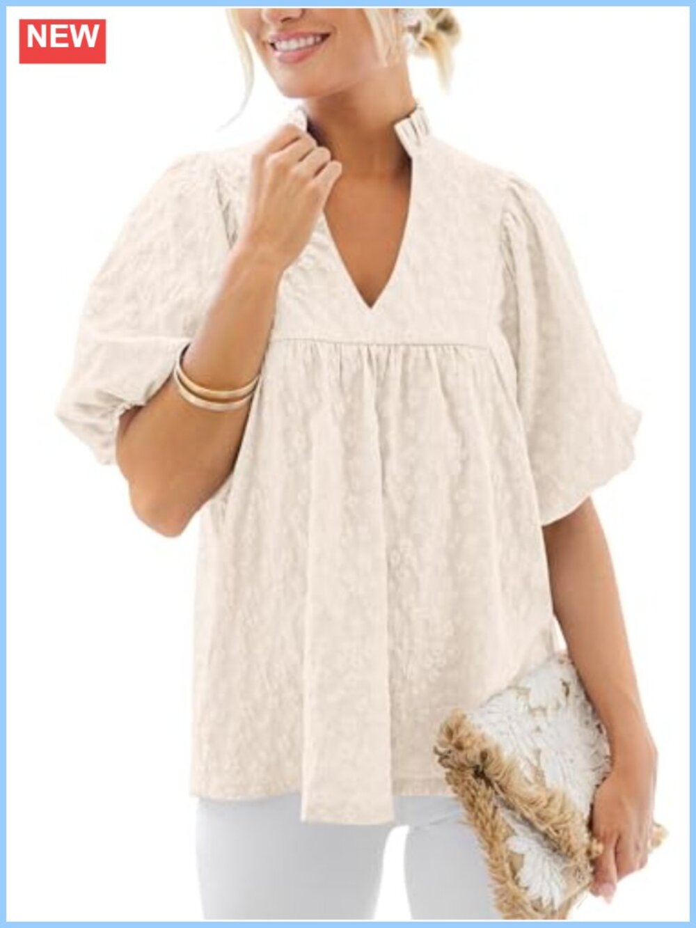 Womens Puff Short Sleeve Peplum Babydoll Blouse Jacquard Textured
